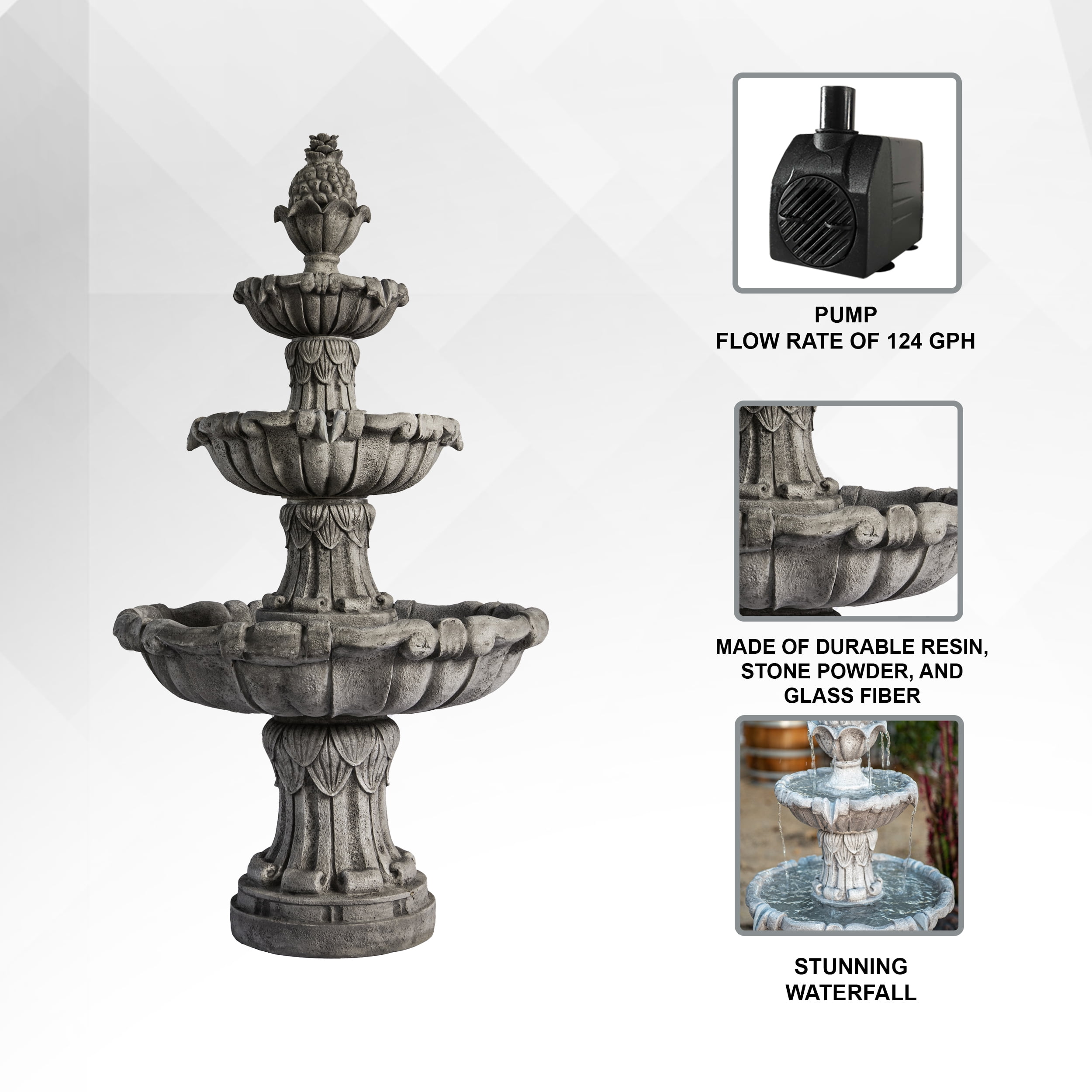 XBrand 58.3" 3-Tier Electric Outdoor Water Fountain – Gray Resin Leaf Design, Large Bird Bath with Pump, Perfect for Yard, Lawn, and Garden Décorand Garden, Porch Décor