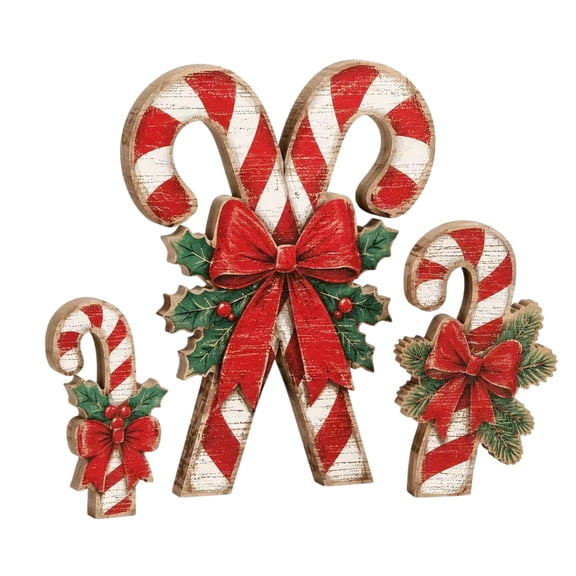 Yaayu 3Pc Christmas Candy Cane Wooden Table Decor Set, 2-Sided Reversible Ornaments, Tiered Tray Centerpiece