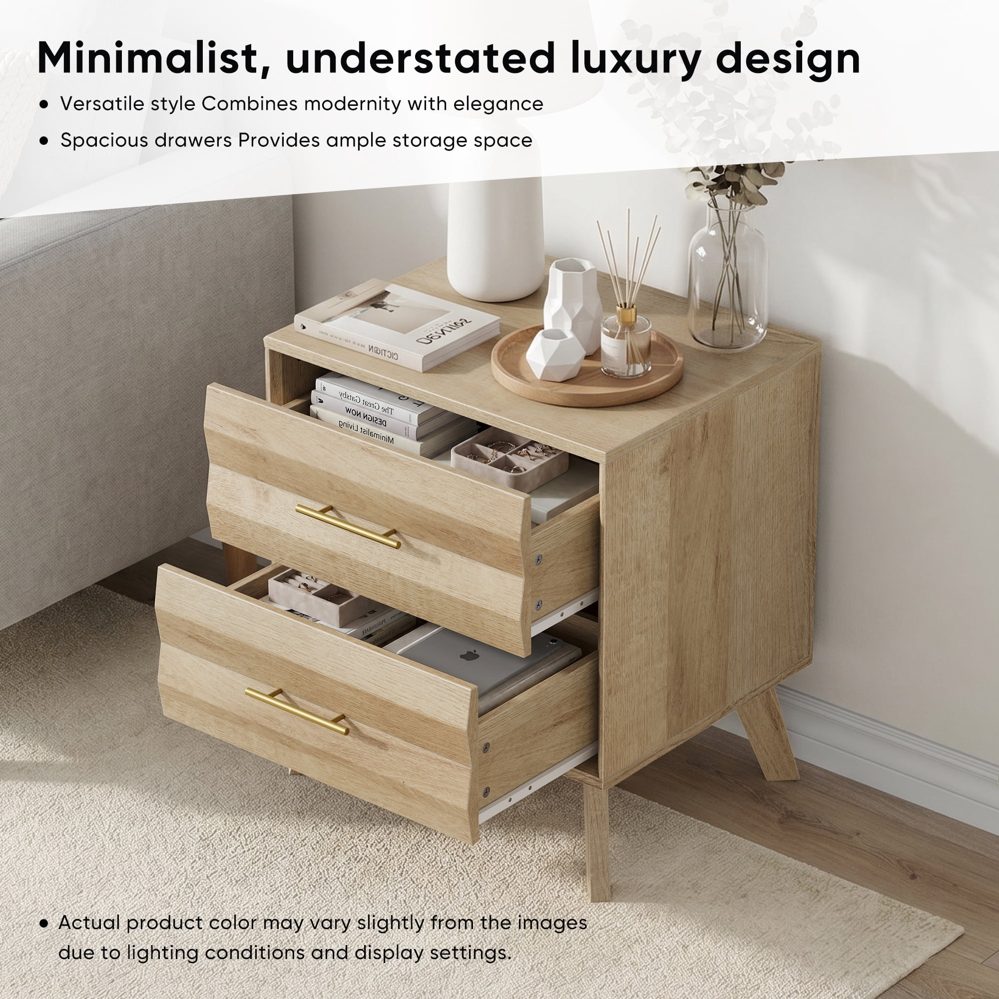Double Drawer Bedside Table, Medieval-Style Modern Bedroom Bedside Storage Cabinet, Bedside Table With Metal Handles, Single Unit