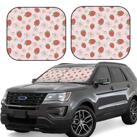 Gukieu Strawberry Floral Print Car Windshield Sun Visor, Foldable Anti-UV Car Sun Visor Suitable for Vans, Trucks Car Accessories-Small