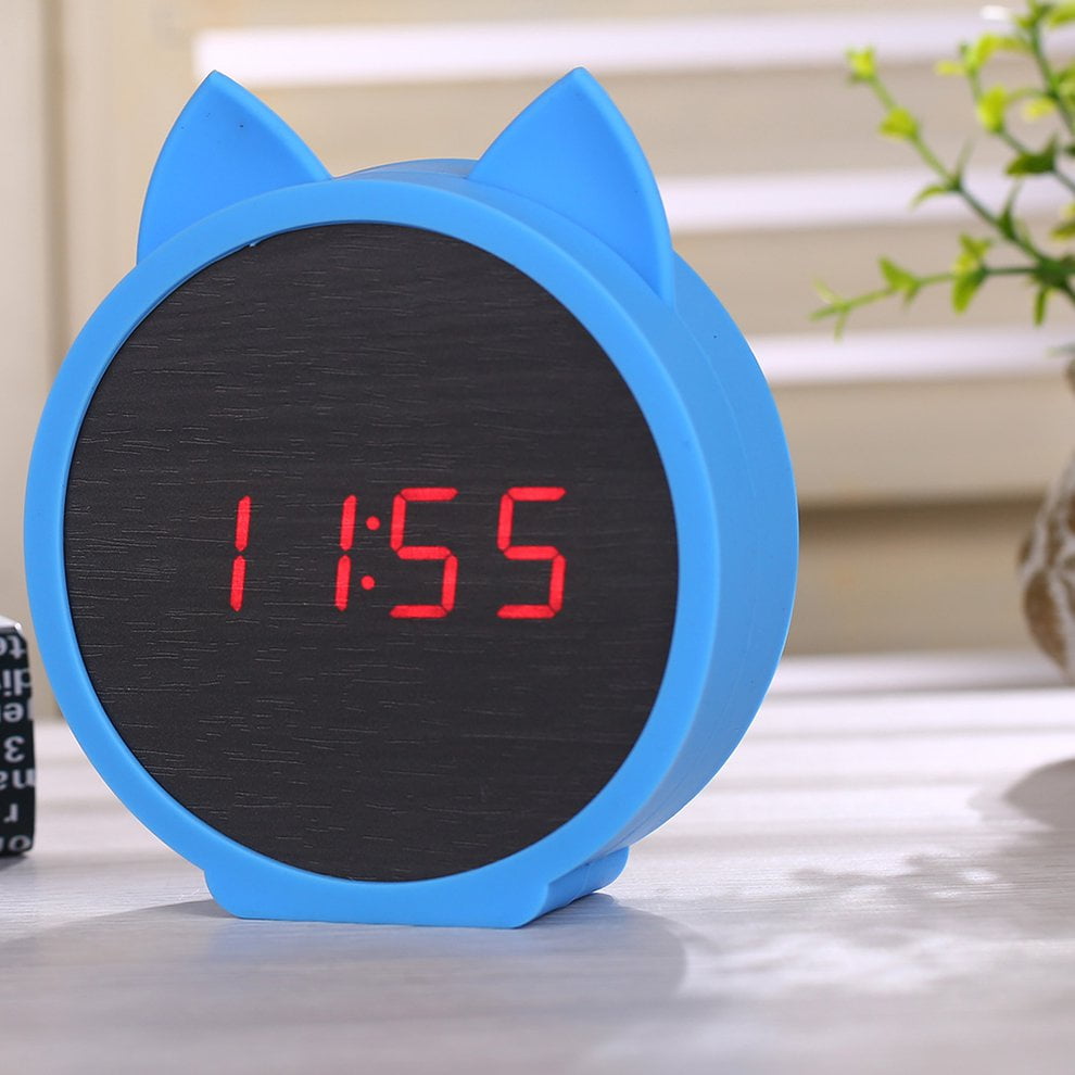 Cat Small Alarm Clock Creative Children Wood Led Electronic Alarm Clock