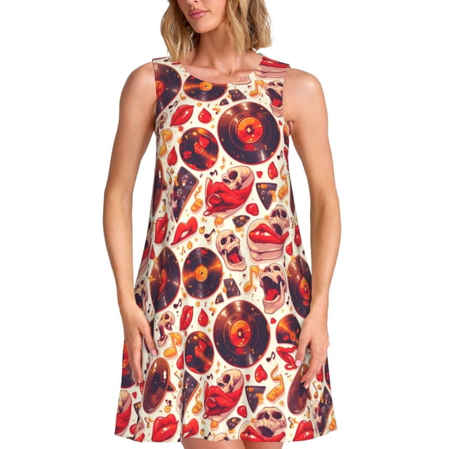Balery Skull rock record music heart Vestidos de verano para mujer con estampado: vestido holgado sin mangas, vestido playero informal y cómodo para días calurosos.