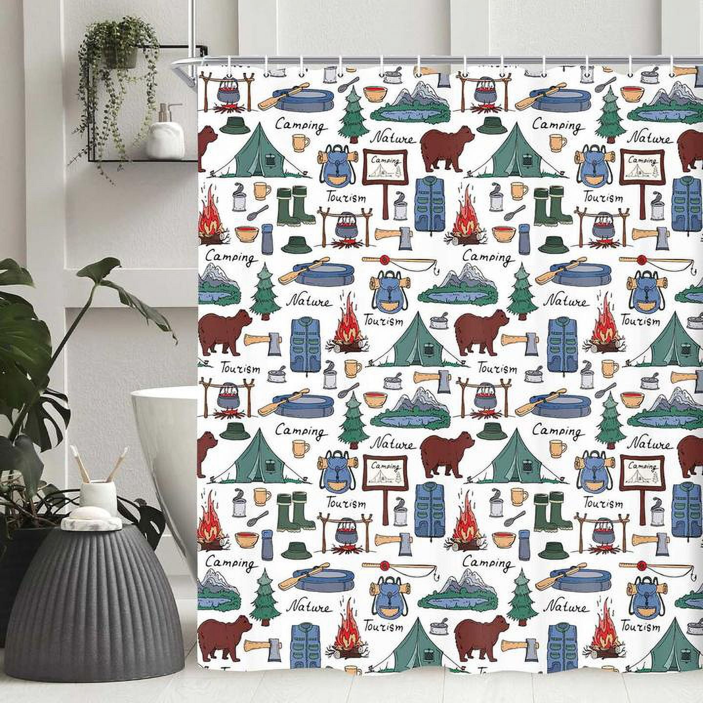 Travel Shower Curtain,Camper Shower Curtain,Farmhouse Camping Shorter and Narrow Stall Fabric Bathroom Decor Hooks Included 48X72in
