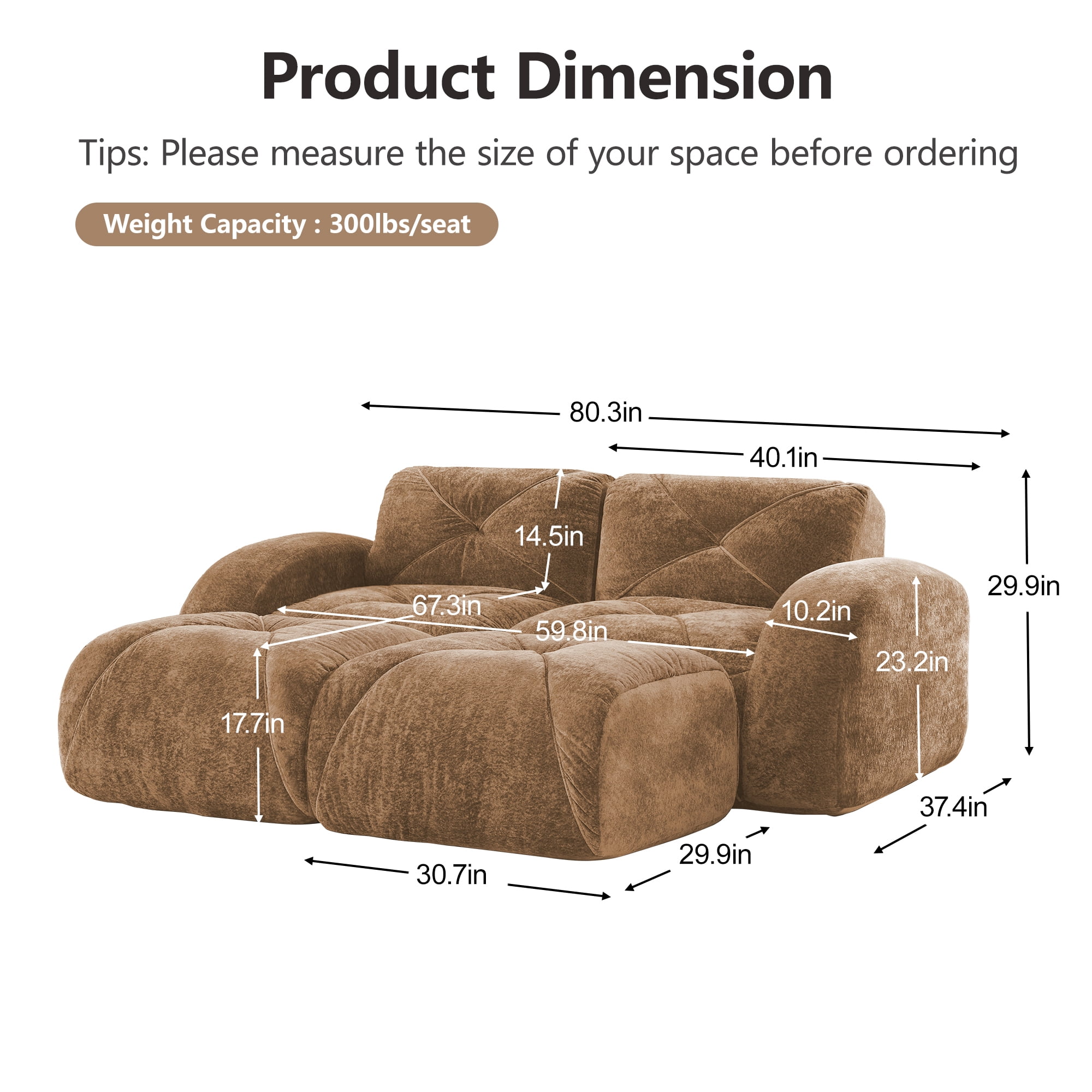 AISWORD 40" 2-Seat U-Shaped Modular Daybed with 2 Ottomans, Anti-Slip Ultra Soft Cloud Sofa, No Assembly Required