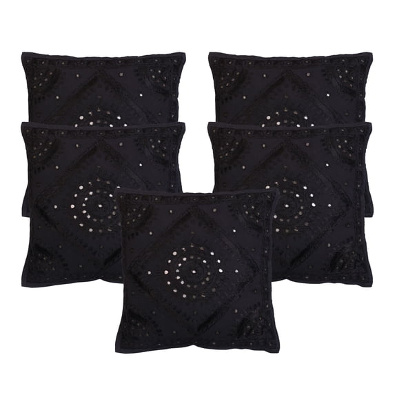 Stylo Culture Ethnic Decorative Throw Pillow Covers 16x16 Hand Embroidered Black Boho 40cm x 40cm Home Decor Cotton Mirrored Square Cushion Covers | Set Of 5