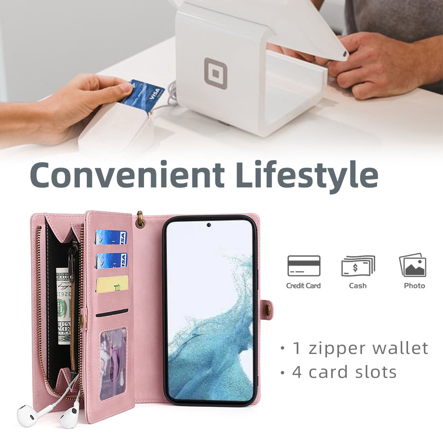 for Samsung Galaxy S25 Plus Case for Women Men, Removable Durable PU Leather Magnetic Flip Strap Wristlet Zipper Purse Card Holder Detachable Wallet Phone Cases for Samsung Galaxy S25 Plus, Pink