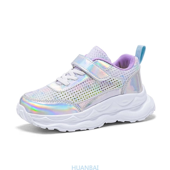 HUANBAI Breathable Mesh Sneakers For Girls With Sparkling Lightweight Comfortable Running Shoes For All Seasons ,(7-8 Years Silver) Size ,13