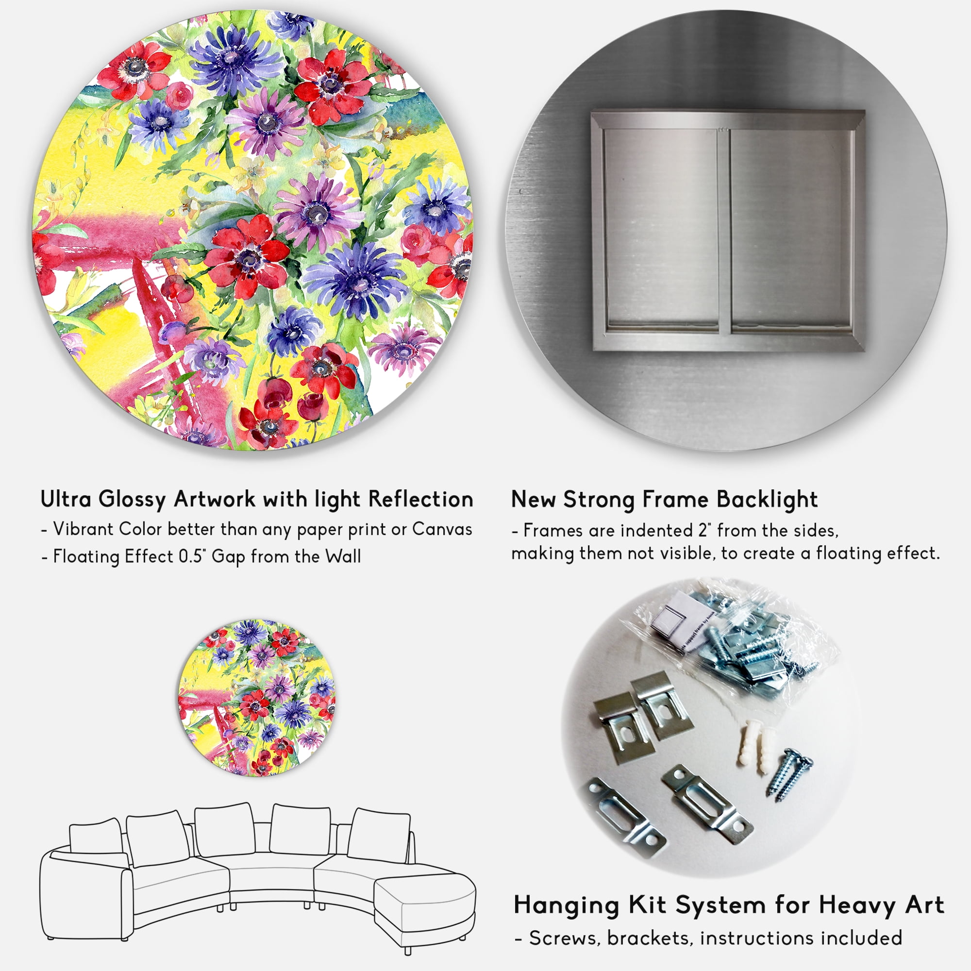 Designart 'Wildflowers and Vibrant Wild Spring Leaves V' Modern Circle Metal Wall Art 29x29 - Disc of 29