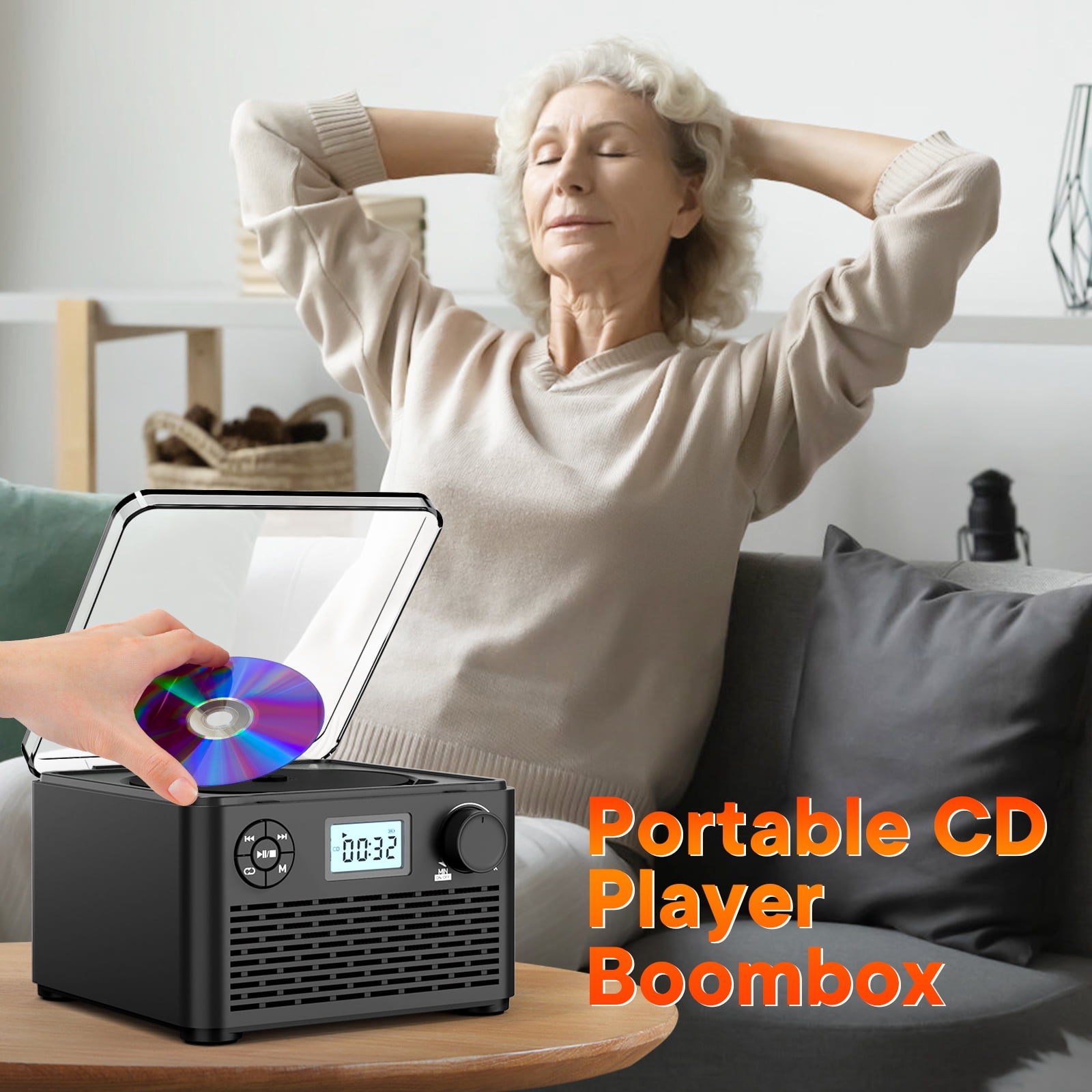 Kuephom Portable CD Player with Radio FM,Rechargeable CD Player with Speakers and headphones,Boombox CD Player Bluetooth with USB/MP3,use friendly for elderly and  teenager,charger included