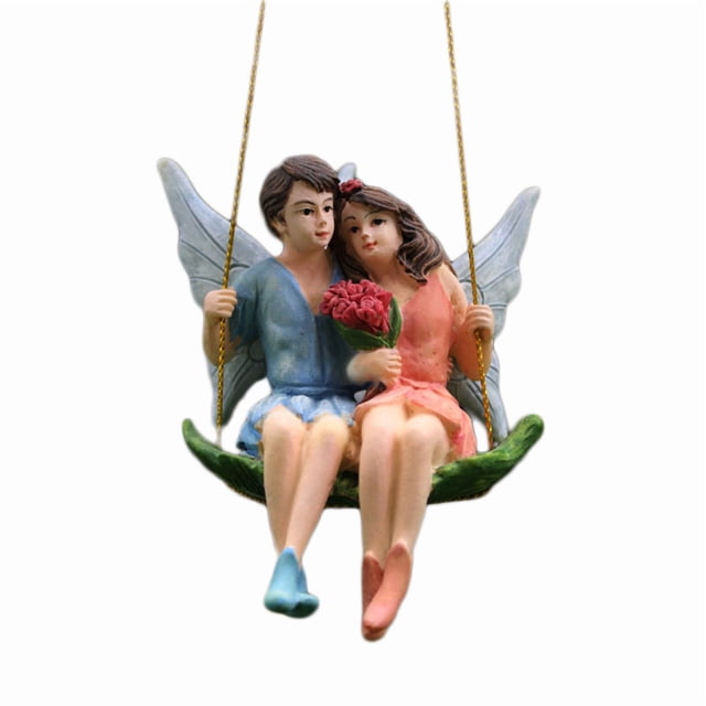 Decoración de jardín caprichosa pareja de hadas de resina que se balancea