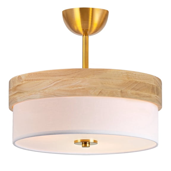 BESTOMINE Semi Flush Mount Ceiling Light Fixture,13 Inch Gold Light Fixtures Ceiling Mount, Natural Wood Frame with White Fabric Shade, Modern Flush Mount Light Fixture for Bedroom, Hallway