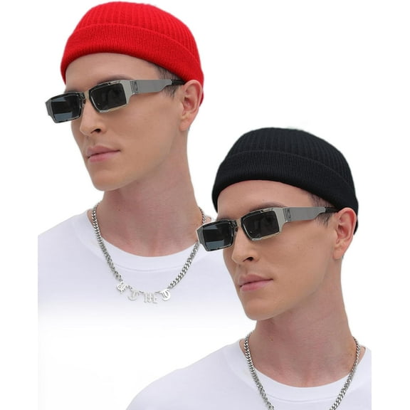 lvdiandian Thin Swag Wool Short Fisherman Beanie for Men Women, Knit Cuff Trawler Beanie Watch Hat, Soft Spring Fall Skull Cap 2pcs-black red