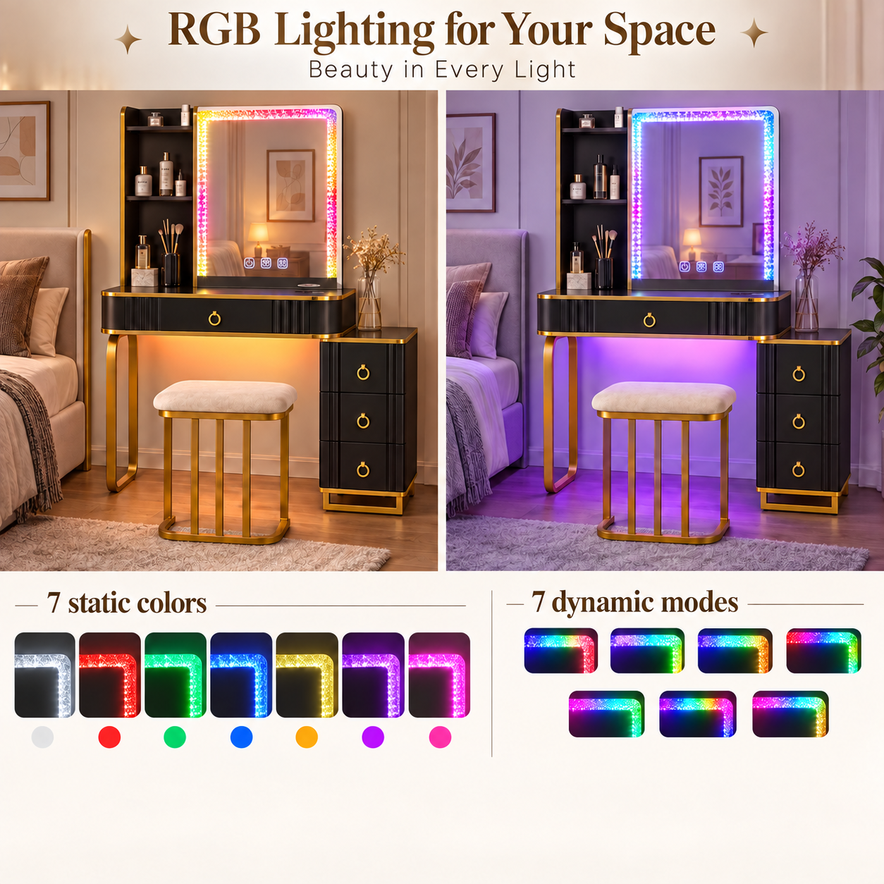 Furnibear Vanity Table Set with RGB LED Lights, Makeup Vanity Desk with Wireless Charging Station, Storage Shelves, Cabinet and Cushioned Stool, Black