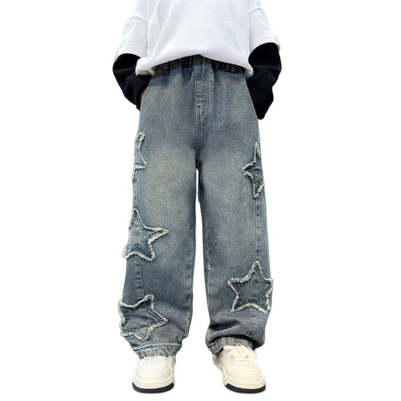 GiLiling Y2K Baggy Jeans for Kids Boys Girls, Vintage Wash Wide Leg Denim Pants, High Elastic Waist Casual Streetwear (Blue, 11-12 Years)