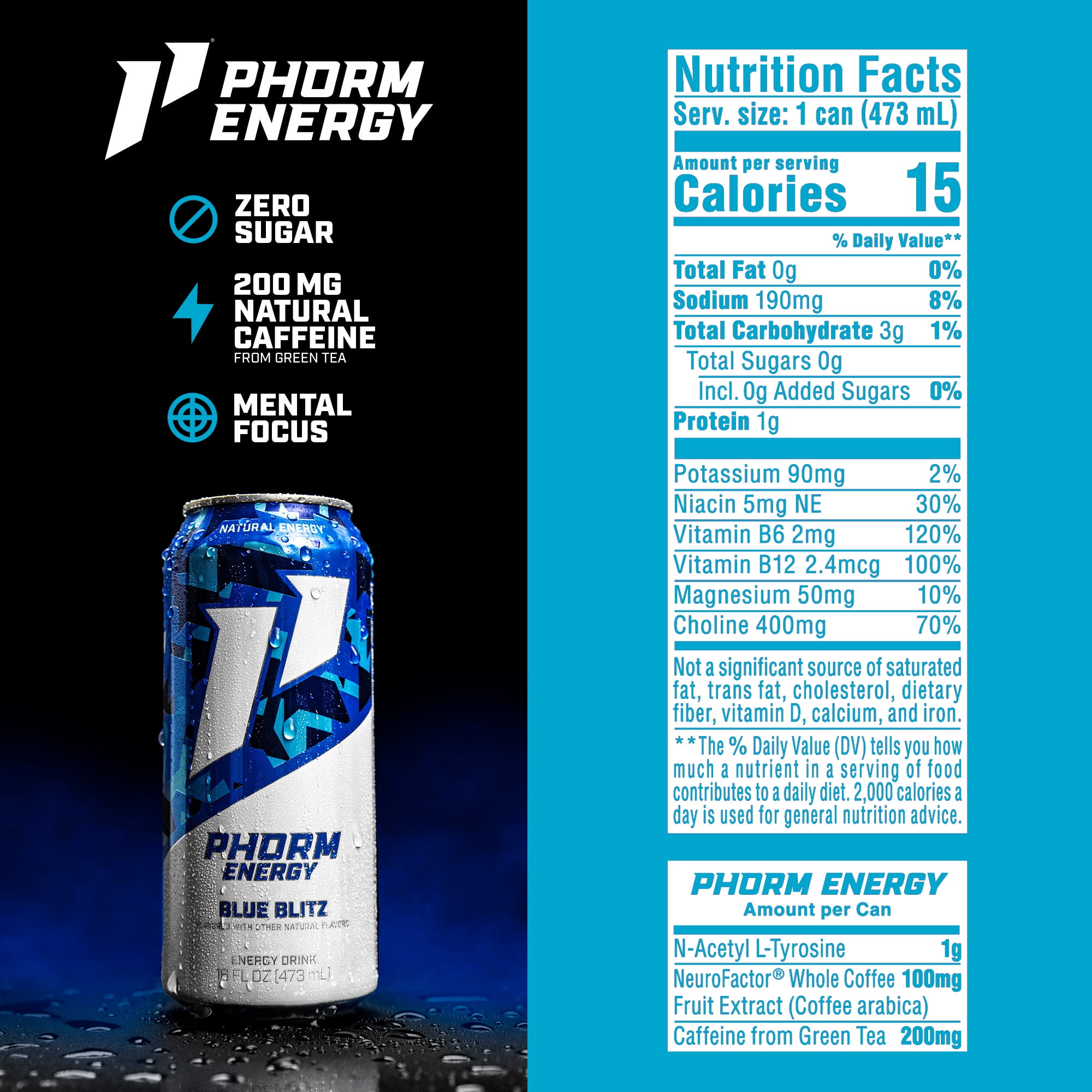 Phorm Sugar Free Energy Drink, Blue Blitz Raspberry Flavor, 16 fl oz Cans, 12 Pack, 200mg Caffeine