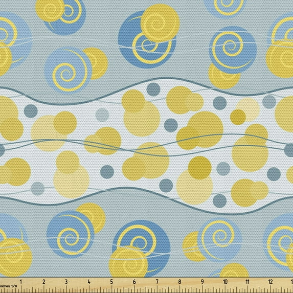 Abstract Fabric by the Yard, Wavy Stripes Lines Circles Dots Round Ovals Pastel Geometric, Decorative Upholstery Fabric for Chairs & Home Accents, Mustard and Blue Grey by Ambesonne