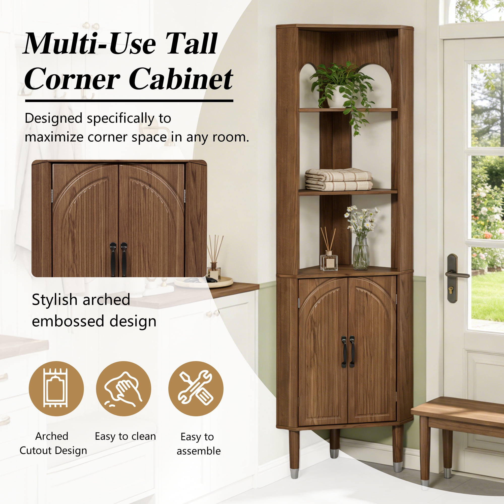 72.3'' Tall Corner Cabinet with Doors & Shelves for Living Room, Bathroom, Kitchen, Walnut