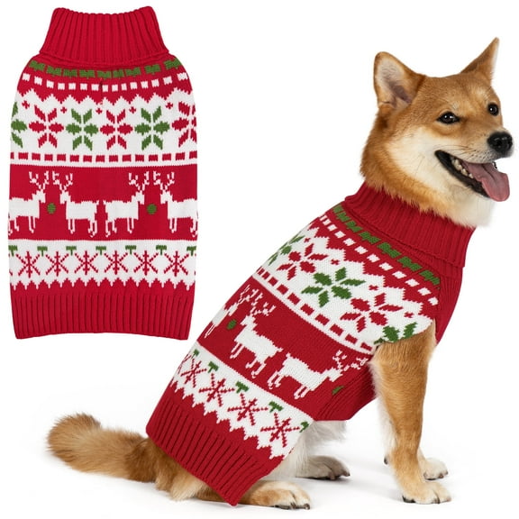 KYEESE Dog Christmas Sweater, Red with Snowflake Reindeer Pattern, Dog Sweater for Small Dogs, M