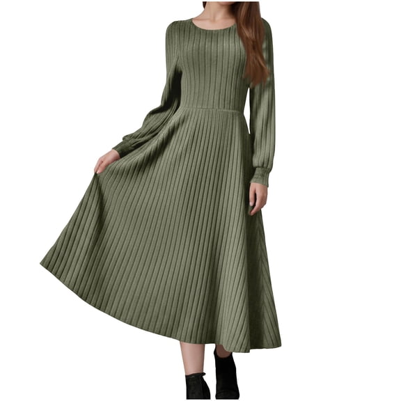 Fmbrln Womens Knitted Sweater Dress Long Sleeve Crew Neck Midi Dress Fall Winter Fashion Casual Loose Solid Long A-Line Dress