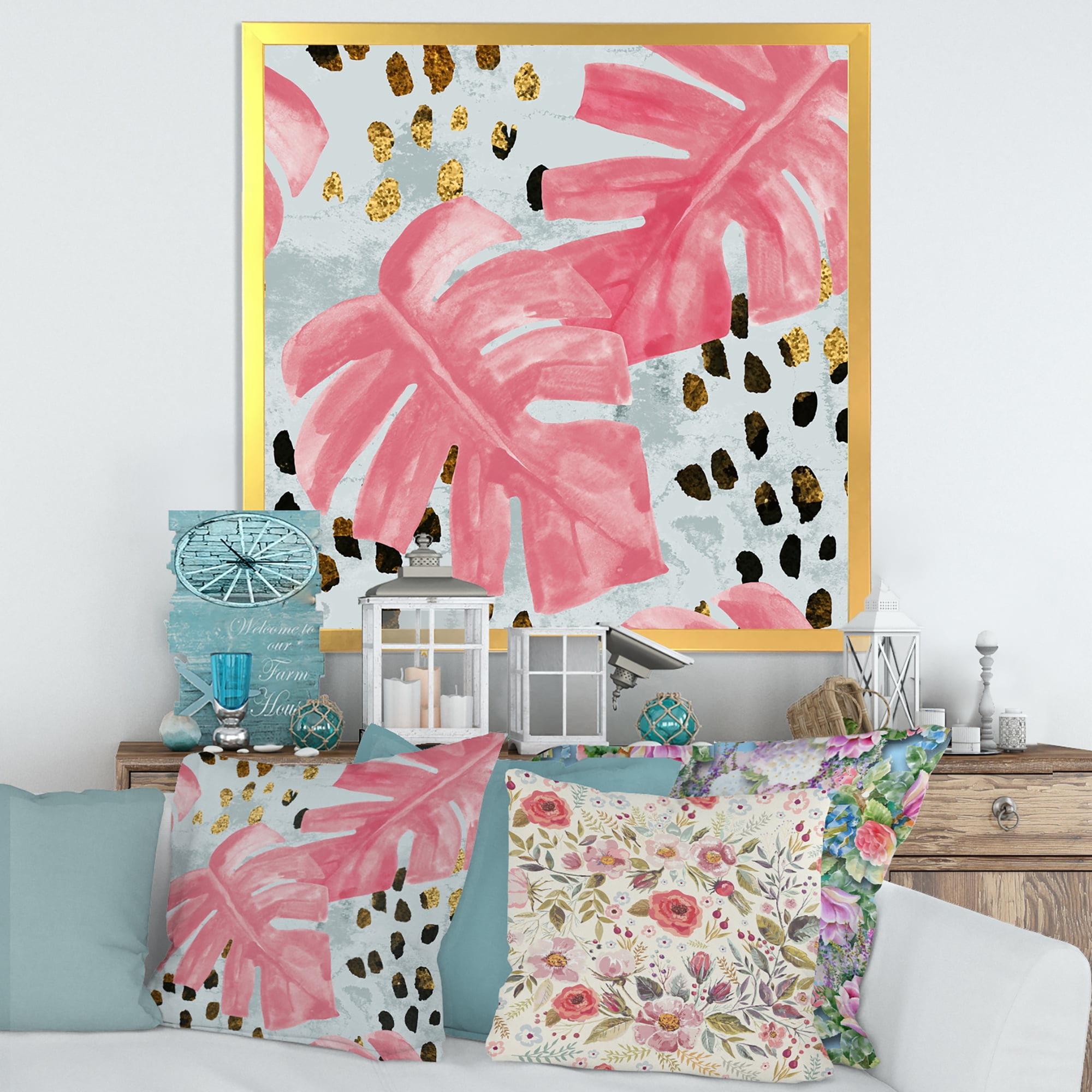 Designart 'Rough Brush Strokes Pink Colored Monstera II' Tropical Framed Art Print