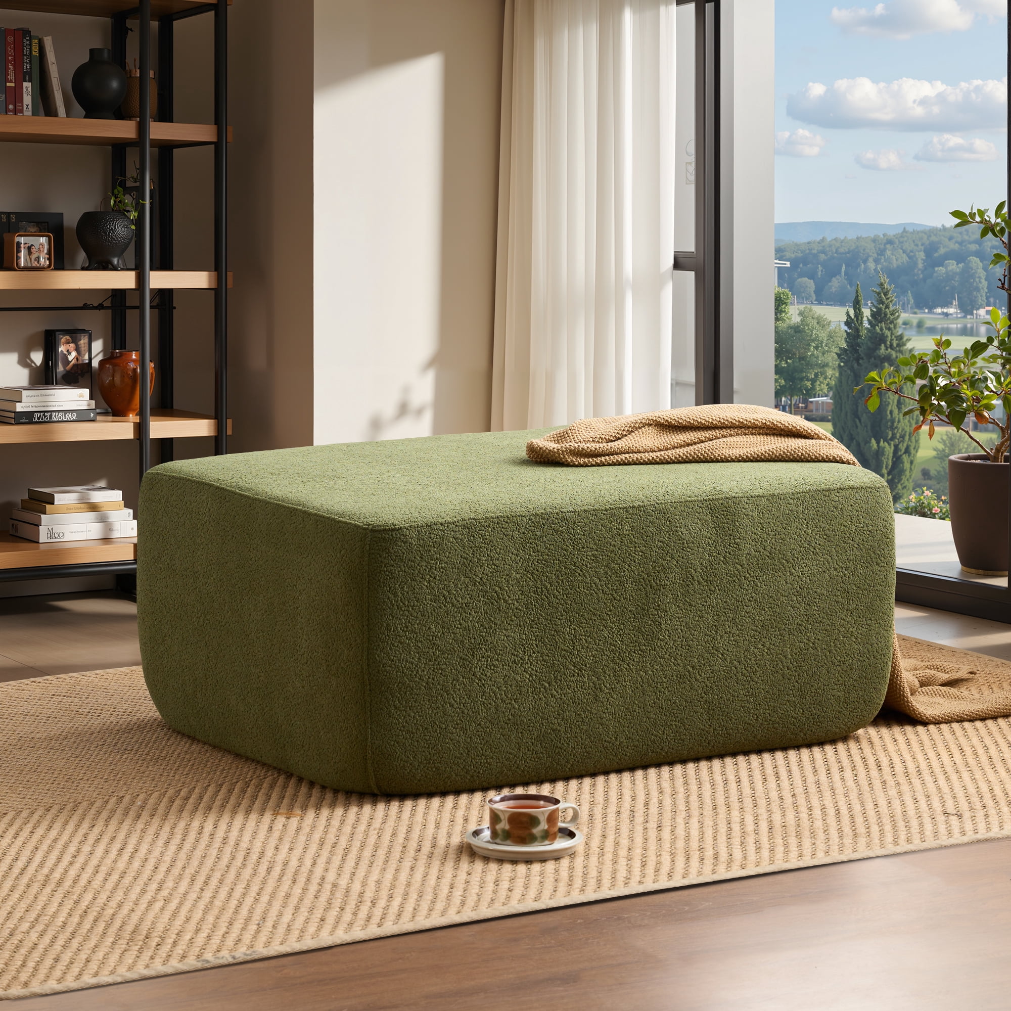Ovios Oversized Ottoman Footrest for Sofa Large Sherpa Pouf Ottoman Coffee Table Rectangle Floor Bench Extra Seating for Living Room, No Assembly, Green