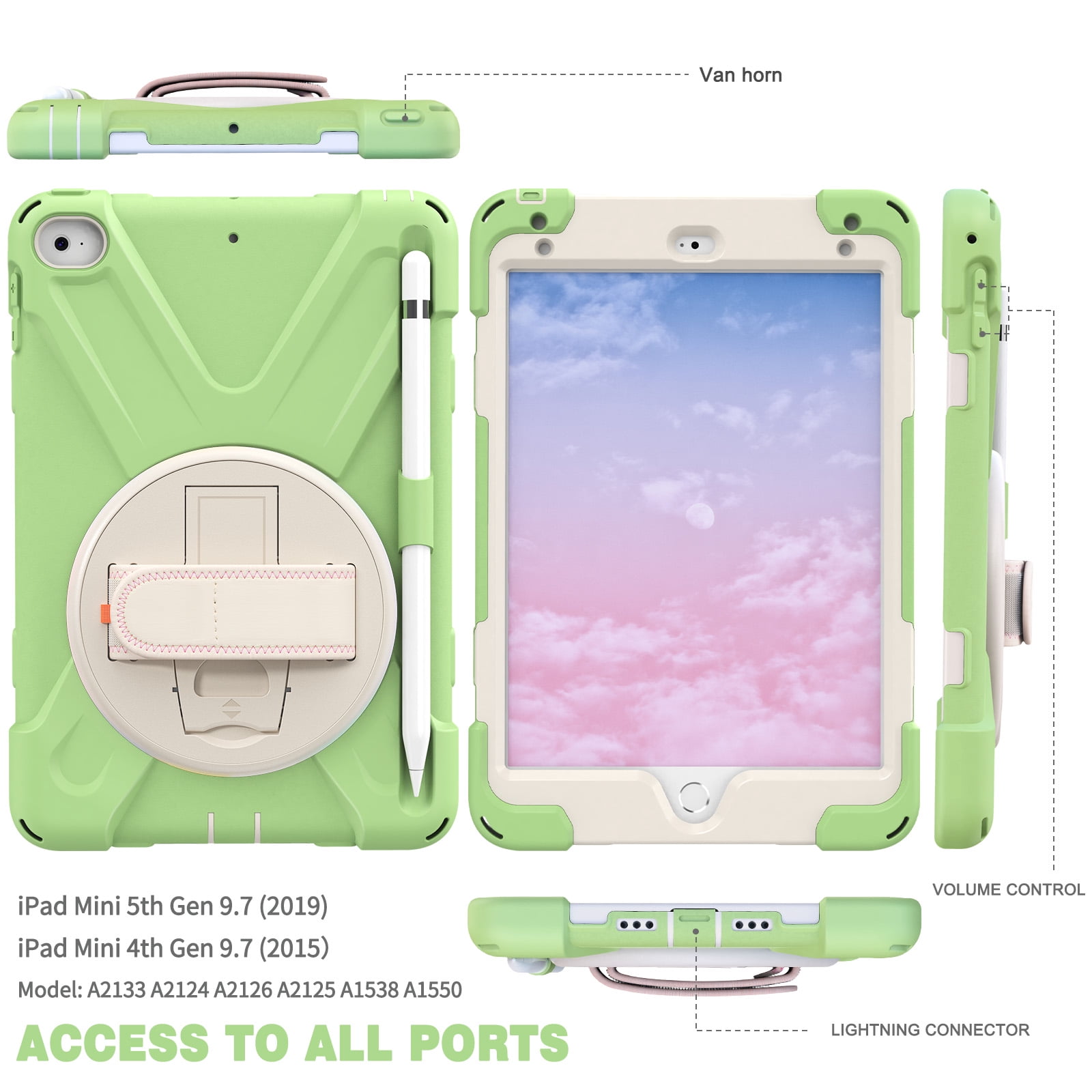 Allytech iPad Mini 5 Case Kids, iPad mini 4 Case with Screen Protector, Heavy Duty Protection Rugged Kids Friendly Shockproof Kickstand Pencil Holder Cover for Apple iPad mini 4/ mini 5,Matchagreen
