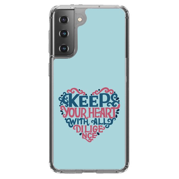 DistinctInk Clear Shockproof Hybrid Case for Galaxy S21 5G (6.2" Screen) - TPU Bumper, Acrylic Back, Tempered Glass Screen Protector - Keep Your Heart With All Diligence