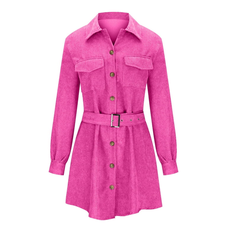 long sleeve corduroy dress womens Safuny Mini Corduroy Dress with Pocket for Women Solid Color Long Sleeve Lapel Neck Dress Button Elegant Leisure Retro Holiday Beach Trendy Clothing