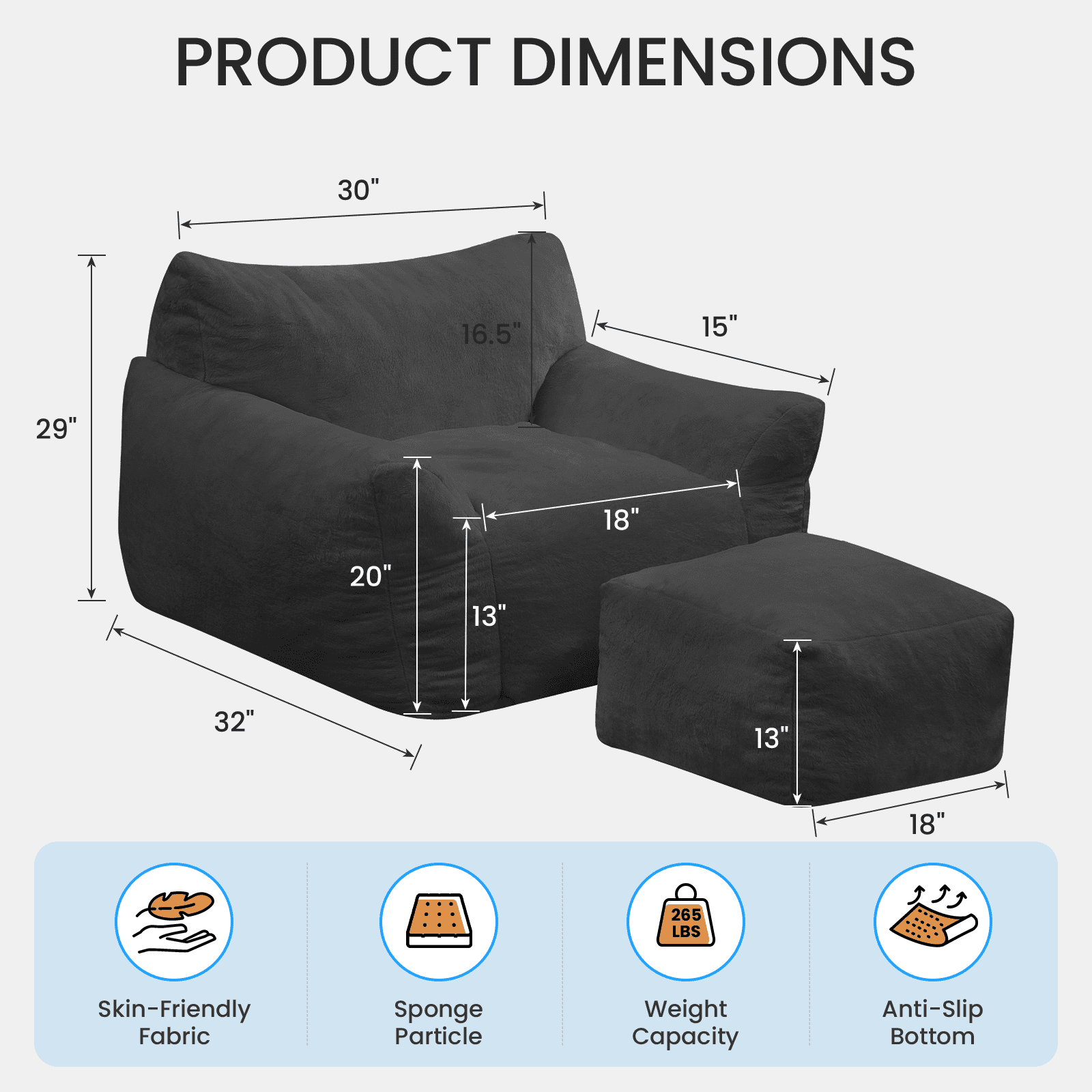 Puremind Bean Bag Chair for Kids and Adults, Oversized Bean Bag Couch with Ottoman, Faux Fur Lazy Sofa Chair for Living Room/Apartment/Bedroom, Dark Gray