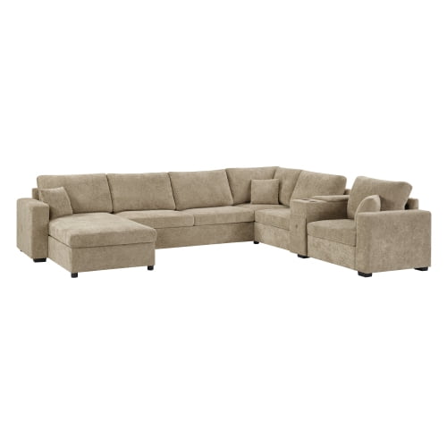 134" U-Shape Modular Sectional Sofa, 5-Seat Couch with Chaise Lounge, Deep Seat, Built-In Cup Holders, Storage Drawer and Pillows, Brown