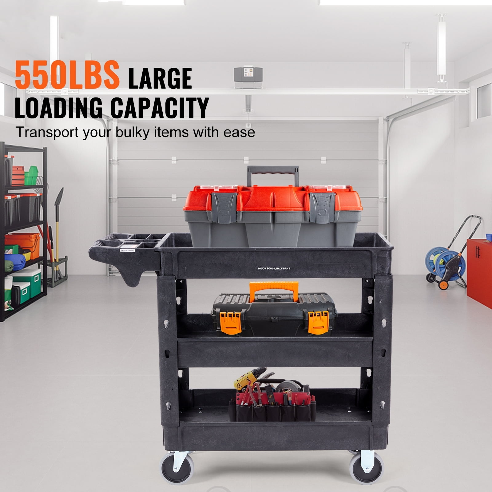 VEVOR Plastic Service Utility Cart, Support up to 550lbs Capacity, Heavy Duty Tub Storage Cart W/Deep Shelves, Multipurpose Rolling 3-Tier Mobile Storage Organizer, for Warehouse Garage