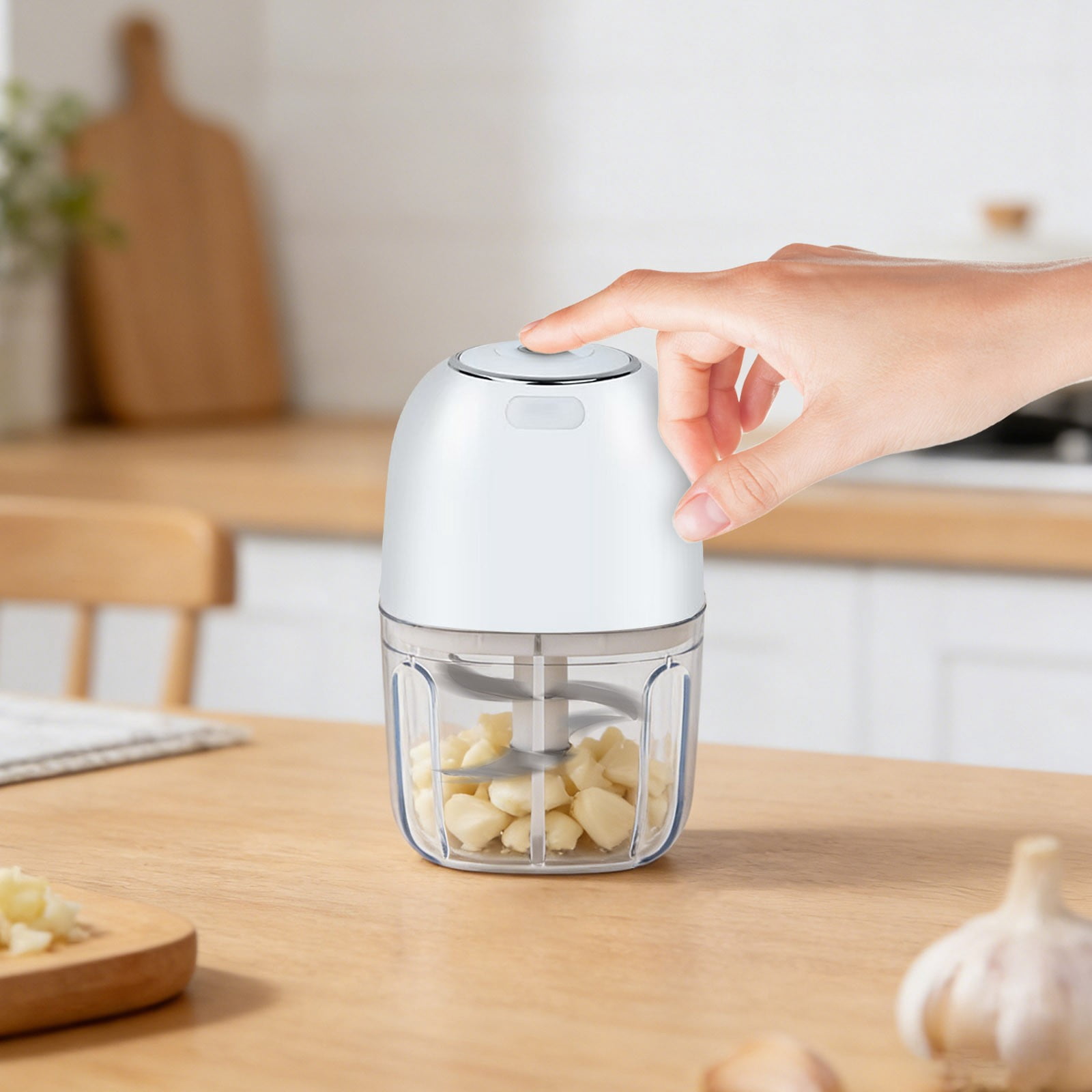 VMWMSSR High-Efficiency Garlic Chopper Electric, Easy Clean Mini 350Ml Food Processor, One-Touch Design Stainless Steel Blade Food Grinder For Kitchen, Camping & Travel Use White-14cm
