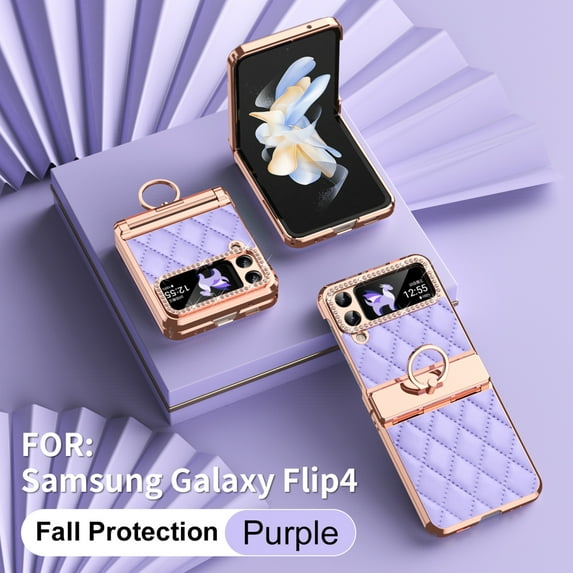 Allytech 2023 New Samsung Galaxy Z Flip 3 Case with Glitter Ring Grip, Luxury Glitter Bling Rhinestone PU Leather Slim Shell Cover for Girls Women Stand Hinge Protection Anti-Scratch Case - Purple