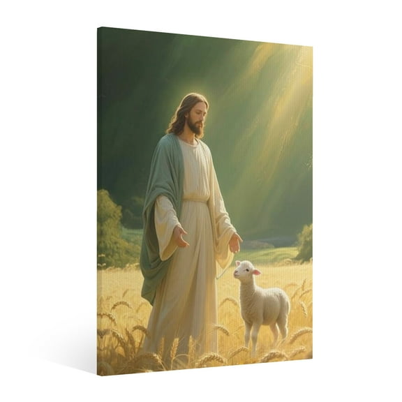 Vintage Framed Jesus and the Lamb Canvas Wall Art Christian Religious Poster Print Picture Home Decor Gallery Wall Painting Decoration Living Room Bedroom Church Prayer Room Ready to Hang