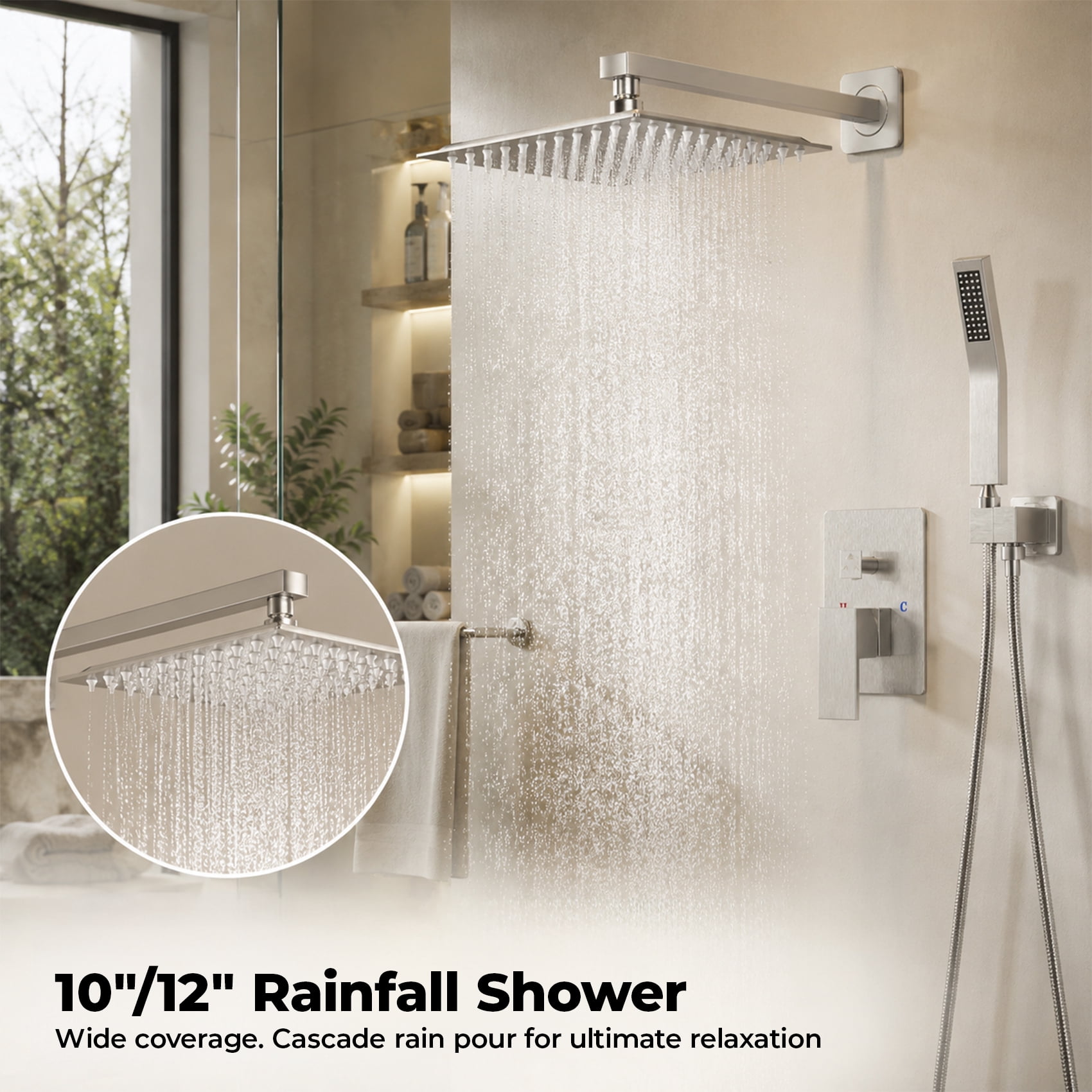 Alvantor Wall-Mounted Shower Faucet Set, 10/12 Inch Square Overhead Spray and Handheld Shower Head with Pressure Balance and Temperature Control Valve