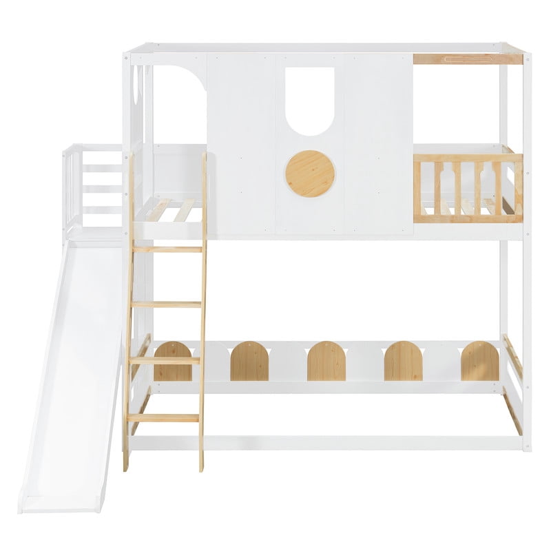 Twin Size Versatile Kids Loft/Bunk Bed with Floor Bed, House Bed Frame with Slide, Storage Shelves and Guardrails