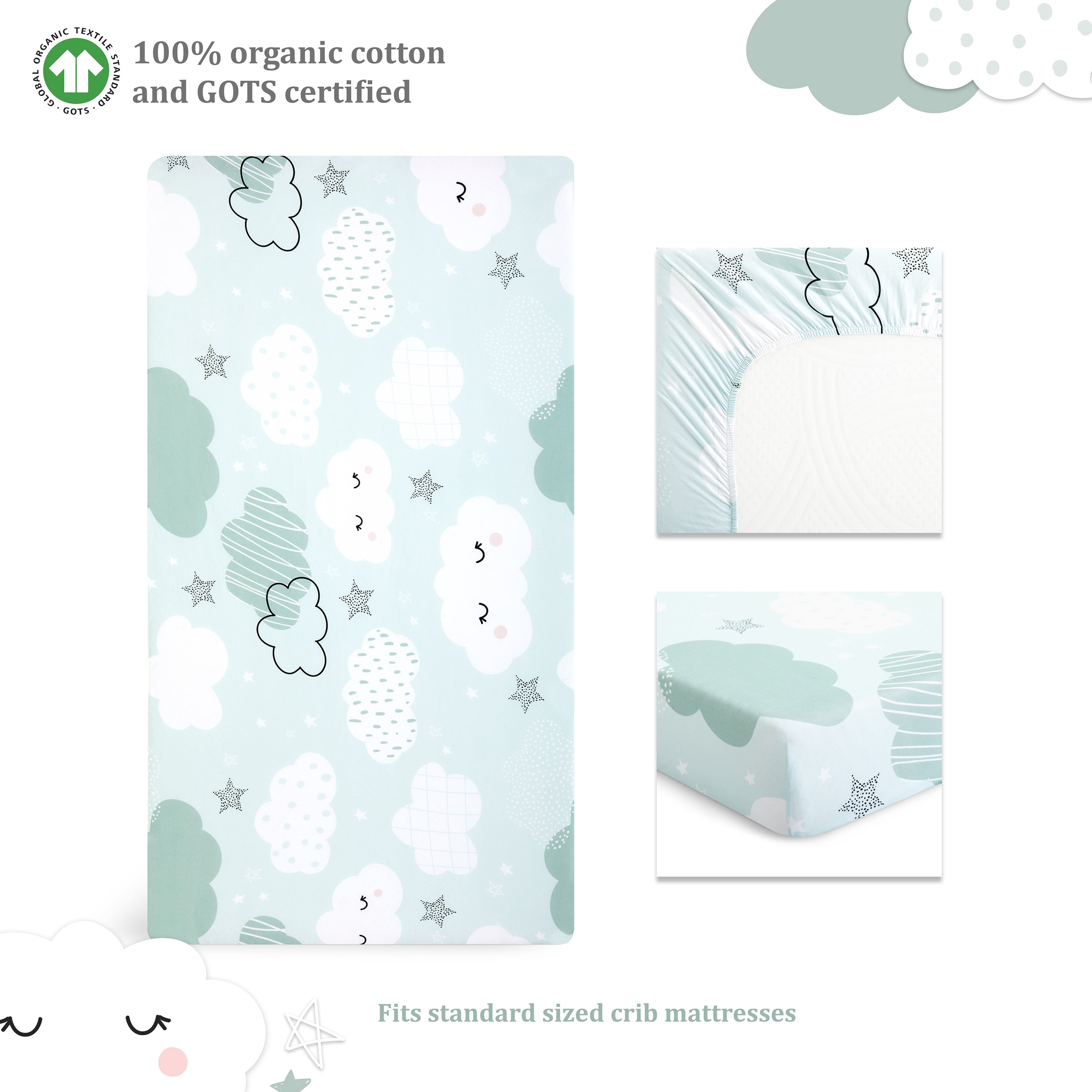 Evolur Dreamer Collection 3pc Crib Set (Fitted Sheet, Snuggle Sack, Crib Skirt) in Seafoam Green & Cloud Print