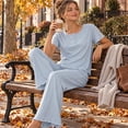 thumbnail image 4 of Loritta Womens Pajama Sets Knit Short Sleeve Long Pants Lounge Sets Breathable 2 Piece Pjs with Pockets Summer Blue S-2XL, 4 of 8