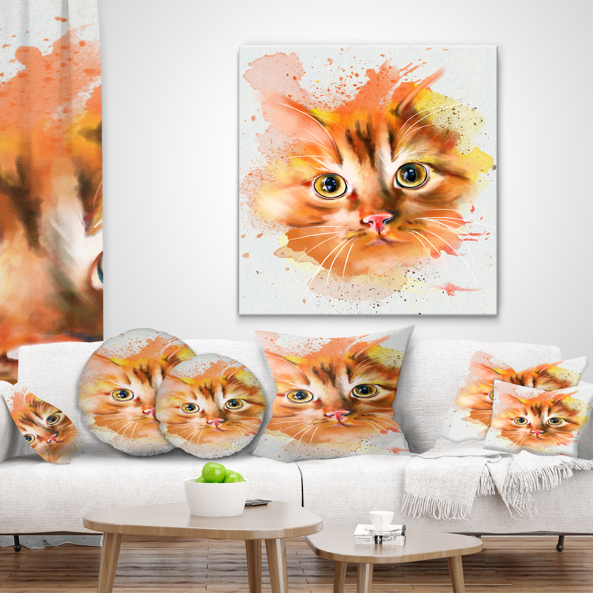 Designart Lovely Red Watercolor Cat - Animal Throw Pillow - 16x16