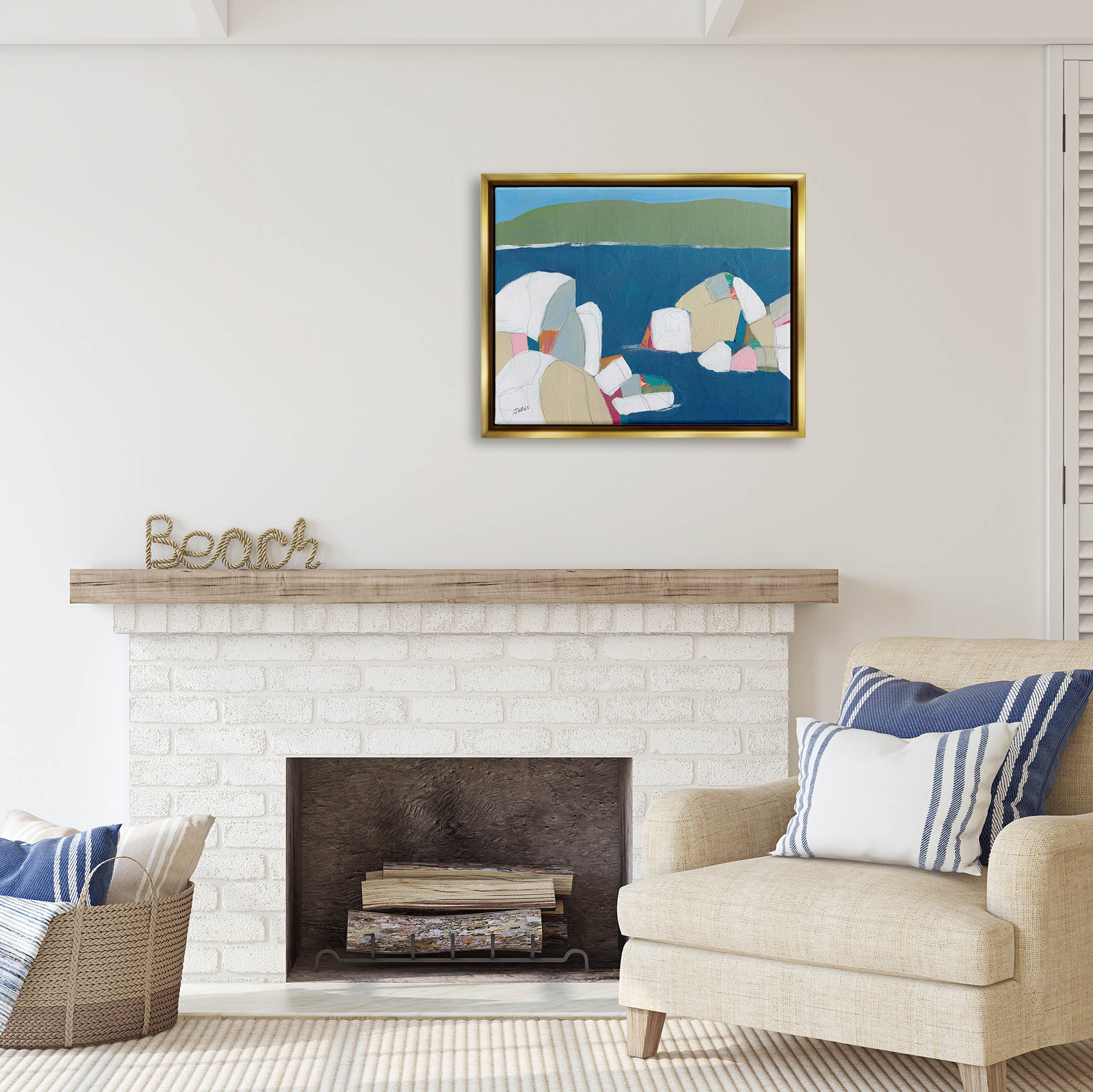 Stupell Industries Contemporary Ocean Rocks Coastal Painting Gold Floater Framed Art Print Wall Art