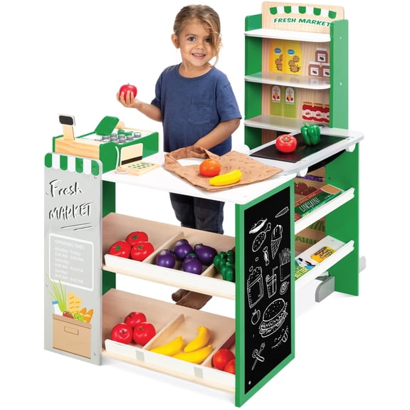 Best Choice Products Kids Pretend Play Grocery Store Wooden Supermarket Set w/ Chalkboard, Cash Register - Green