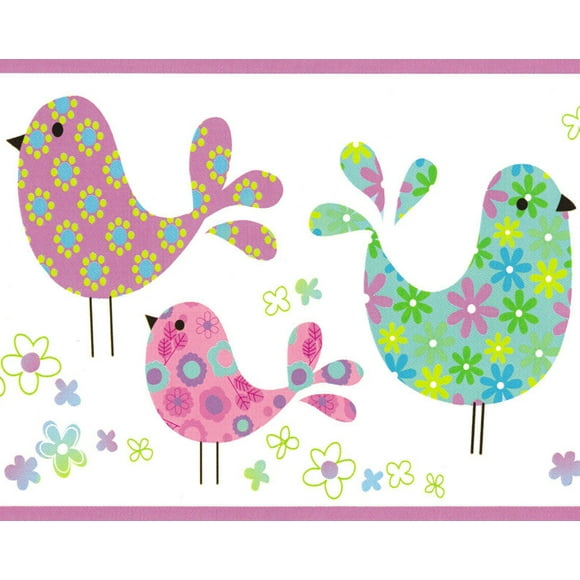 Dundee Deco's Prepasted Wallpaper Border - Kids Purple, Blue, Green, Pink Birds, Flowers Wall Border Retro Design, 15 ft x 6 in (4.57m x 15.24cm)