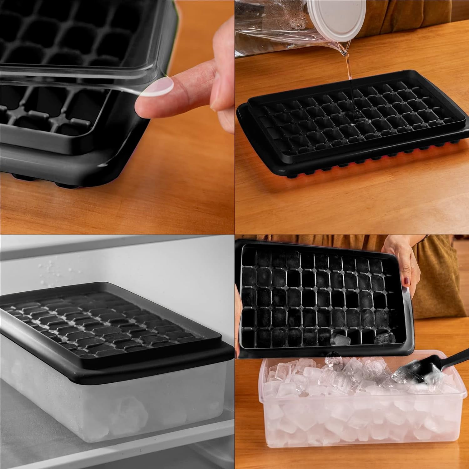 Ice Cube Tray with Lid and Bin 55 - Ice Cube Molds for Freezer BPA Free Ice Container Comes with Scoop and Cover (Black-55) Ice Cube Molds & Trays