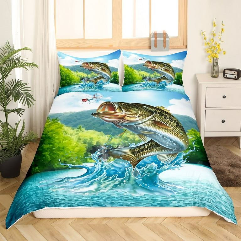 YST Kids Big Bass Fish Bedding Set Teen Boys Fishing Comforter