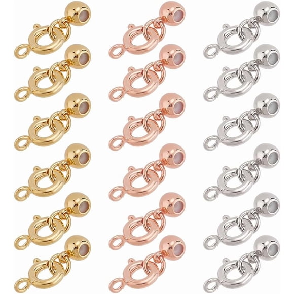 3 Colors Spring Clasp 18pcs Round Ring Clasps with Stopper Beads Golden Close Clasp Jewelry Clasp Silver Neckalce Buckles Trigger Lobster Clasp for Jewelry Making Brecelet DIY Craft