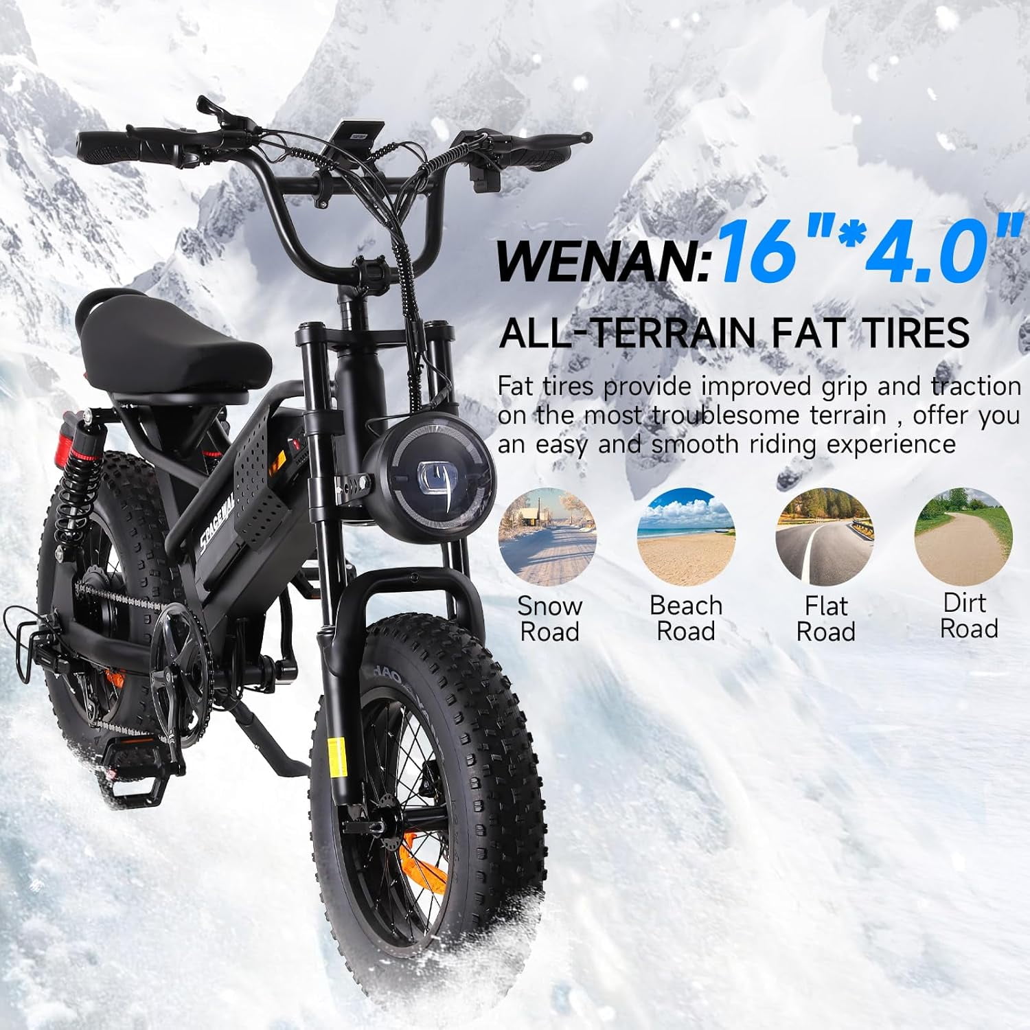 Spacewalk 16" Fat Tire Electric Bike – 750W Motor Mountain Bikes , 21.7MPH, 48V 15Ah Removable Battery, Compact Ebike for 4'10" to 5'5" Riders & Teen