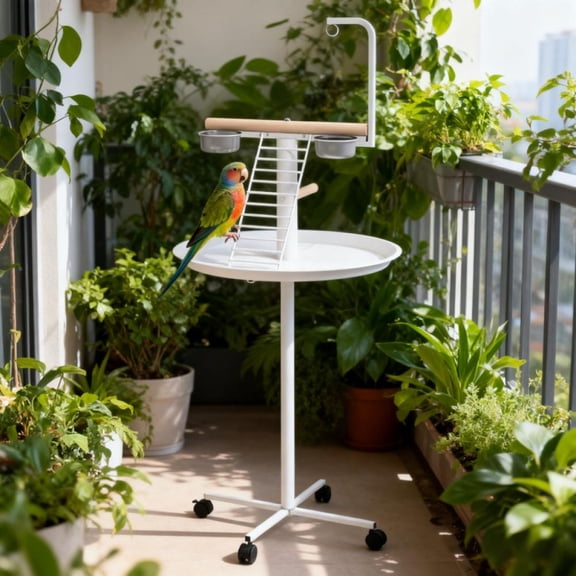 23.5" Dia×54.25" H Bird Stand with Wheels - Portable Bird Feeder Station with Feed Bowls Round Tray & Play Accessories for Small Parrots