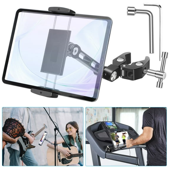 TSV Tablet Holder for Microphone Stand, Adjustable Aluminum Mount for 4.7–12.9" Devices, 360° Swivel Mic Stand Clamp Fit for iPad, iPhone and Android
