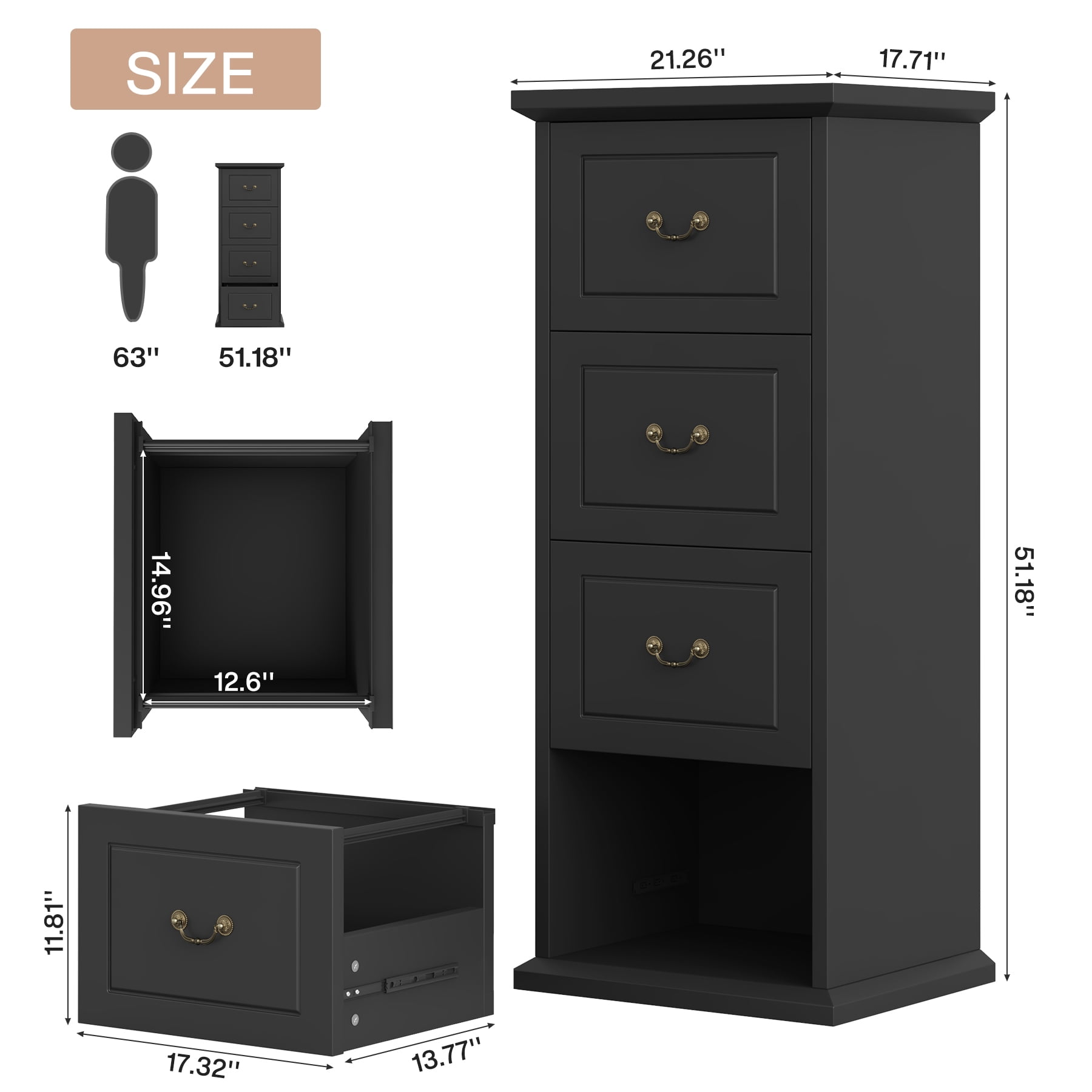 Fnova 4-Drawer File Cabinet, Tall Wood Filing Cabinet for A4/Letter Size, Large Office Drawer Chest, Rustic Storage Organizer Unit for Home Office, Black