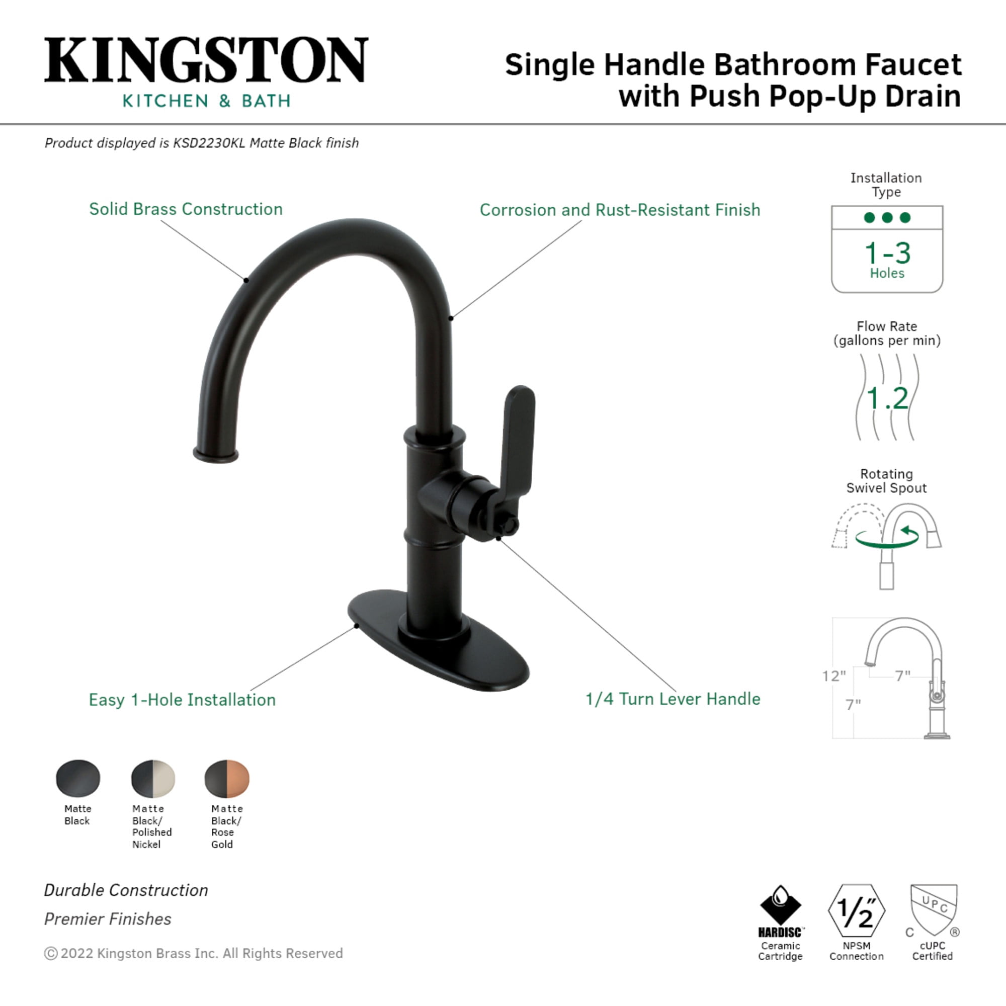 Kingston Brass KSD2237KL Whitaker One-Handle Single-Hole Bathroom Faucet with Deck Plate and Push Pop-Up Drain, Matte Black/Rose Gold